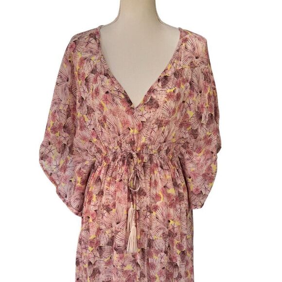 Rujuta Sheth Anthropologie Pink Shell Print Maxi Dress Cinch Drawstring Waist OS - Picture 4 of 13